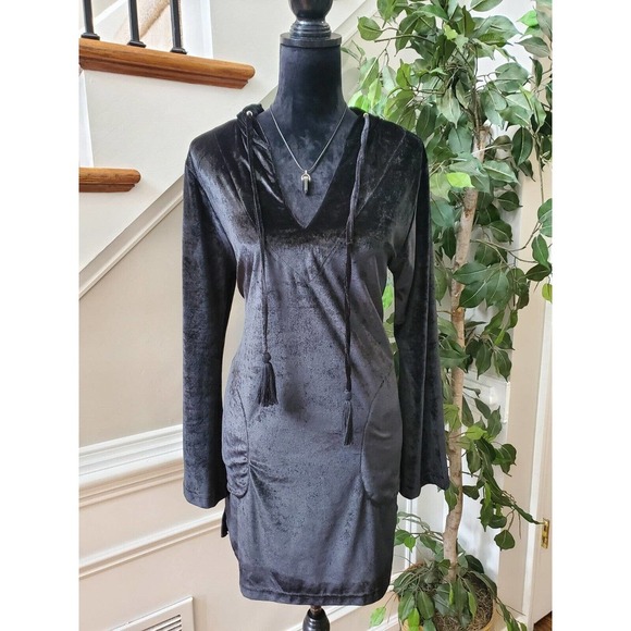 Ingear Resort Black Velvet Polyester V-Neck Long Sleeve Knee Length Dress S/M - Picture 1 of 15